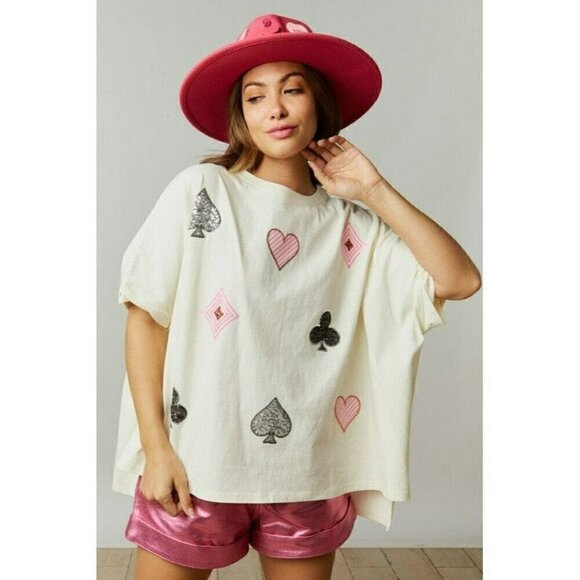 Fantastic Fawn Tops - Poker Face Oversized Sequin Top in Cream